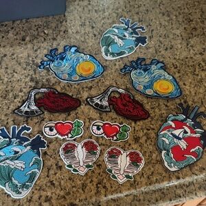 Assorted Embroidered Heart & Icon Iron-On Patches - Blue, Red, Teal